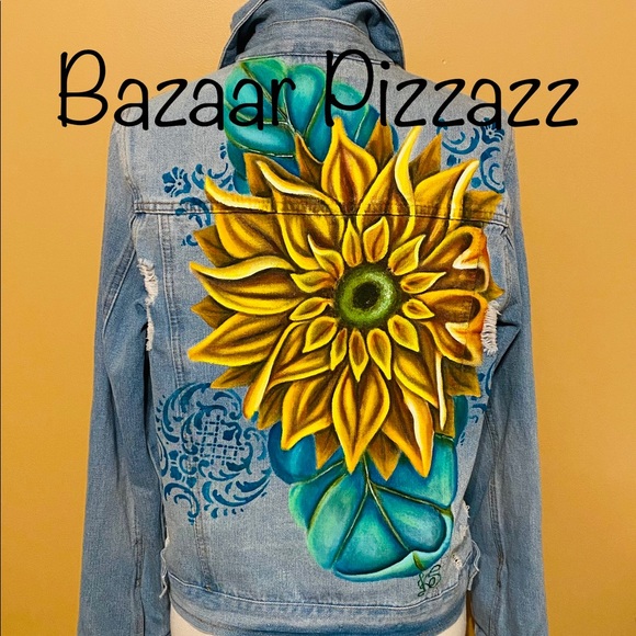 SOLD! Hand Painted Sunflower on a Denim Jacket - custom orders also available. - Picture 1 of 3